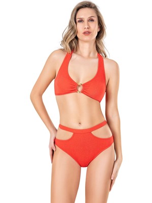 Endeep Kadın Aksesuarlı Cut Out Detaylı Nar Çiçeği Bikini Takımı