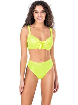 Endeep Kadın Fiyonk ve Taş Detaylı Büyük Beden Sarı Bikini Takımı