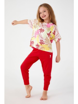 U.S. Polo Assn.  With Leaf Patterns Beyaz Kız Çocuk Kısa Kol Pijama Takım