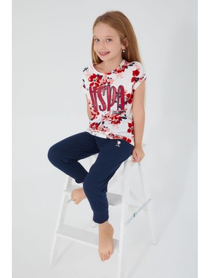U.S. Polo Assn.  Floral Print Krem Kız Çocuk Kısa Kol Pijama Takım