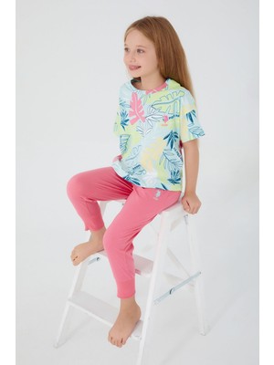 U.S. Polo Assn.  With Leaf Patterns Açık Yeşil Kız Çocuk Kısa Kol Pijama Takım