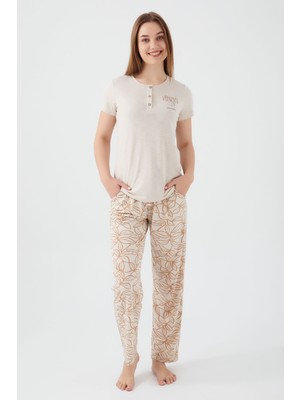 Pierre Cardin Tropical Vibes Bej Kadın Kısa Kol Pijama Takım