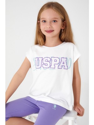 U.S. Polo Assn. U.S. Polo Assn Kız Çocuk Kapri Takım Yazlık Konforlu Tasarım Krem ve Mavi Renkli