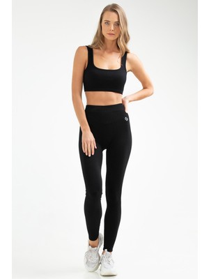 Speedlife Siyah Slim Fit Açık Yaka Düz Yüksek Bel Dar Paça Kadın Seamless Tayt Takım - SSB0008