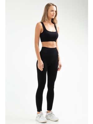 Speedlife Siyah Slim Fit Açık Yaka Düz Yüksek Bel Dar Paça Kadın Seamless Tayt Takım - SSB0008