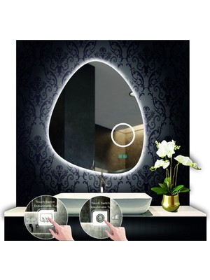 Dnr-Mirror 70 cm Çapında Bluetoothlu Buğu Çözücülü Dokunmatik Ledli Kumlamalı Asimetrik Banyo Aynası LED Işıklı