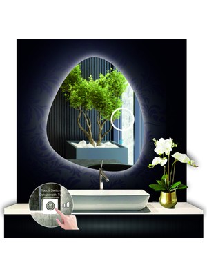 Dnr-Mirror 80 cm Çapında  Dokunmatik Ledli Kumlamalı Asimetrik Makyaj Aynalı Banyo Aynası Dekoratif Led Işıklı