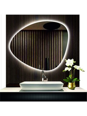 Dnr-Mirror 80 cm Çapında LED Işıklı Kumlamalı Asimetrik Banyo Aynası Dekoratif Makyaj Aynası Ledli Yatay Ayna