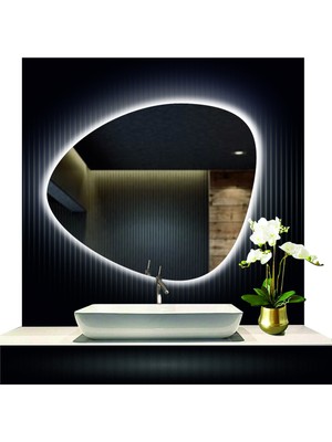 Dnr-Mirror 80 cm Çapında LED Işıklı Kumlamalı Asimetrik Banyo Aynası Dekoratif Makyaj Aynası Ledli Yatay Ayna