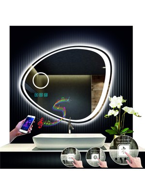 Dnr-Mirror 70 cm Çapında Bluetoothlu Buğu Çözücülü Dokunmatik Ledli Makyaj Aynalı Asimetrik Banyo Aynası