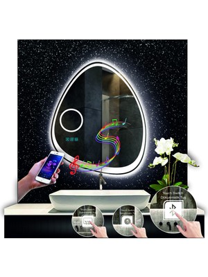 Dnr-Mirror 70 cm Çapında Bluetoothlu Buğu Çözücülü Dokunmatik Ledli Makyaj Aynalı Asimetrik Banyo Aynası