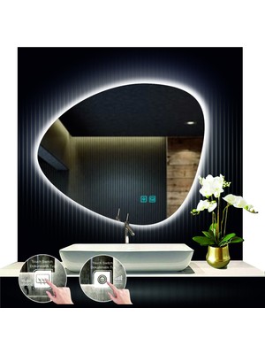 Dnr-Mirror 80 cm Çapındabuğu Çözücülü Dokunmatik Ledli Makyaj Aynalı Kumlamalı Asimetrik Banyo Aynası