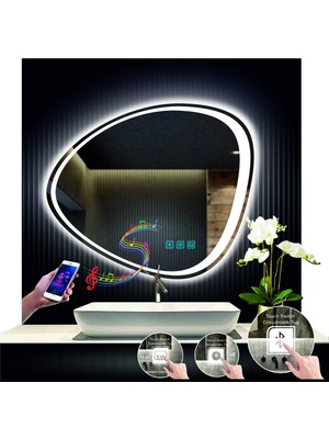 Dnr-Mirror 70 cm Çapında Bluetoothlu Buğu Çözücülü Dokunmatik Ledli Asimetrik Banyo Aynası Dekoratif LED Işıklı
