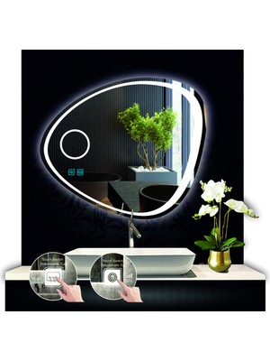 Dnr-Mirror 70 cm Çapında Buğu Çözücülü Dokunmatik Ledli Makyaj Aynalı Asimetrik Banyo Aynası LED Işıklı