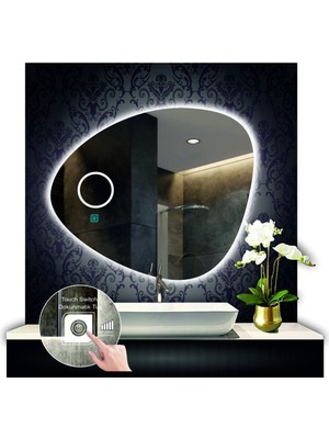 Dnr-Mirror 70 cm Çapında Buğu Çözücülü Dokunmatik Ledli Kumlamalı Asimetrik Banyo Aynası Dekoratif LED Işıklı