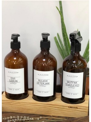 Lalezen 3lü Ahşap Standlı Sıvı Sabun Bulaşık Deterjanı Mutfak Temizleyici Amber Renk 500 ml