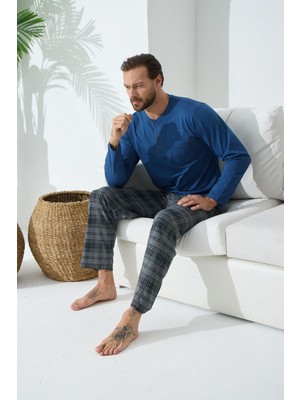 Kly Erkek Uzun Kol Midi Yaka Indigo Pijama Takımı 9C2T4N5