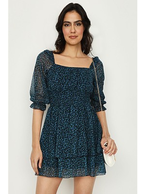 Select Moda Kadın Çiçekli Kare Yaka Gipeli Şifon Elbise10