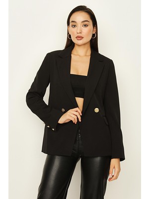 Select Moda Kadın Cep Detaylı Gold Düğmeli Blazer Ceket
