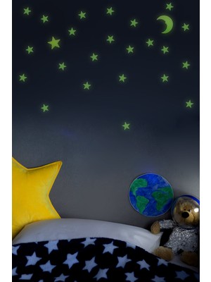 Artikel 24 Adet Fosforlu Mini Yıldız, Büyük Yıldız ve Ay Yeşil Karanlıkta Parlar Duvar ve Tavan Çocuk Odası Süs Sticker