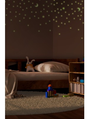 Artikel 150 Adet Fosforlu Mini Yıldız, Büyük Yıldız ve Ay Yeşil Karanlıkta Parlar Duvar ve Tavan Çocuk Odası Süs Sticker