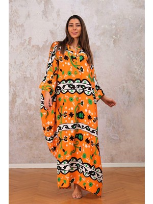 Keyifli Moda Kadın Turuncu Dik Yaka Etnik Desenli Yarasa Kol Oversize Uzun Elbise10