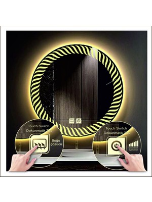 60 cm Günışığı Ledli Tasarım Kumlamalı Dokunmatik Tuşlu Buğu Önleyicili Banyo Aynası Makyaj Aynası