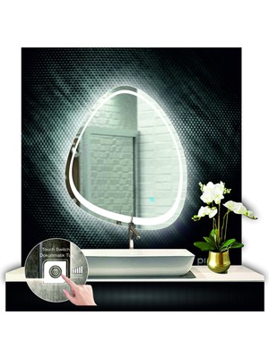 80 cm Çapında Dokunmatik Ledli Kumlamalı Asimetrik Banyo Aynası Dekoratif Makyaj Aynası Ledli Dikey