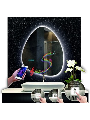 80 cm Çapında Bluetoothlu Buğu Çözücülü Dokunmatik Ledli Asimetrik Banyo Aynası Dekoratif LED Işıklı
