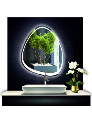70 cm Çapında LED Işıklı Kumlamalı Asimetrik Banyo Aynası Dekoratif Makyaj Aynası Ledli Dikey Ayna