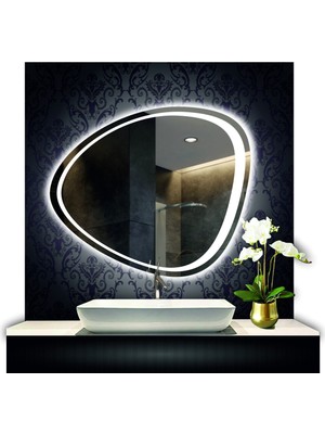 70 cm Çapında LED Işıklı Kumlamalı Asimetrik Banyo Aynası Dekoratif Makyaj Aynası Ledli Yatay Ayna