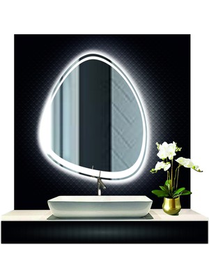 80 cm Çapında LED Işıklı Kumlamalı Asimetrik Banyo Aynası Dekoratif Makyaj Aynası Ledli Dikey Ayna