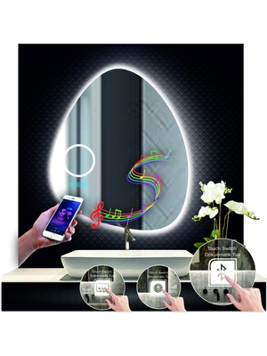 70 cm Çapında Bluetoothlu Buğu Çözücülü Dokunmatik Ledli Makyaj Aynalı Asimetrik Banyo Aynası