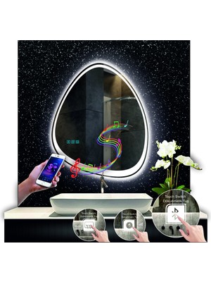 80 cm Çapında Bluetoothlu Buğu Çözücülü Dokunmatik Ledli Kumlamalı Asimetrik Banyo Aynası LED Işıklı