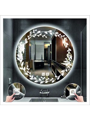 80 cm Beyaz Ledli Tasarım Kumlamalı Dokunmatik Tuşlu Buğu Önleyicili Banyo Aynası Makyaj Aynası