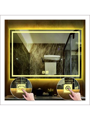70X100 cm Günışığı Ledli Tasarım Kumlamalı Dokunmatik Tuşlu Buğu Önleyicili Banyo Aynası