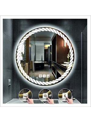55 cm Beyaz Ledli Tasarım Kumlamalı Dokunmatik Bluetoothlu Buğu Önleyicili Banyo Aynası Makyaj Ayna
