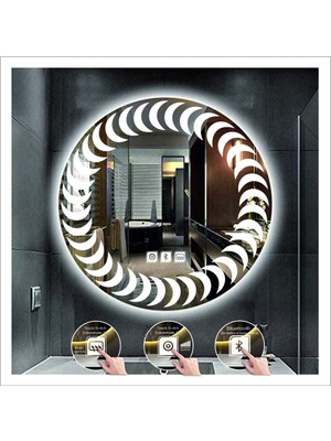 60 cm Beyaz Ledli Tasarım Kumlamalı Dokunmatik Bluetoothlu Buğu Önleyicili Banyo Aynası Makyaj Ayna