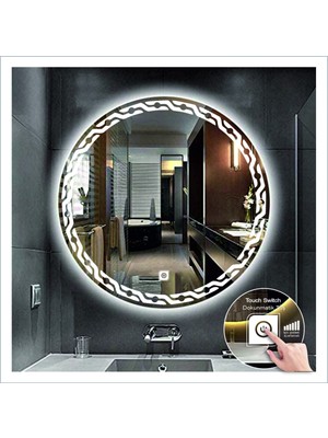 55 cm Beyaz Ledli Tasarım Kumlamalı Dokunmatik Tuşlu Banyo Aynası Makyaj Aynası Işıklı Ayna