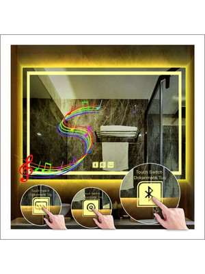 80X120 cm Günışığı Ledli Tasarım Kumlamalı Dokunmatik Bluetoothlu Buğu Önleyicili Banyo Aynası