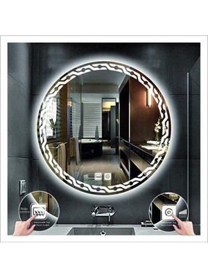 80 cm Beyaz Ledli Tasarım Kumlamalı Dokunmatik Tuşlu Buğu Önleyicili Banyo Aynası Makyaj Aynası