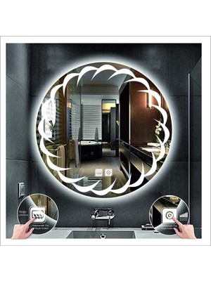 80 cm Beyaz Ledli Tasarım Kumlamalı Dokunmatik Tuşlu Buğu Önleyicili Banyo Aynası Makyaj Aynası