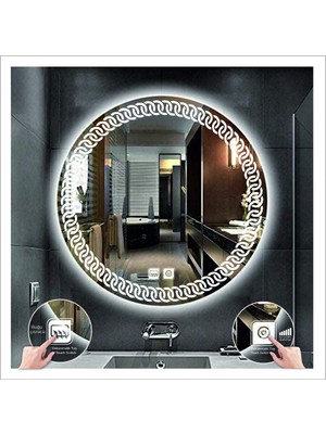 80 cm Beyaz Ledli Tasarım Kumlamalı Dokunmatik Tuşlu Buğu Önleyicili Banyo Aynası Makyaj Aynası