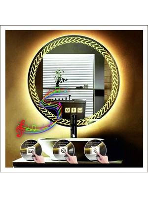 60 cm Günışığı Ledli Tasarım Kumlamalı Dokunmatik Bluetoothlu Buğu Önleyicili Makyaj Banyo Aynası