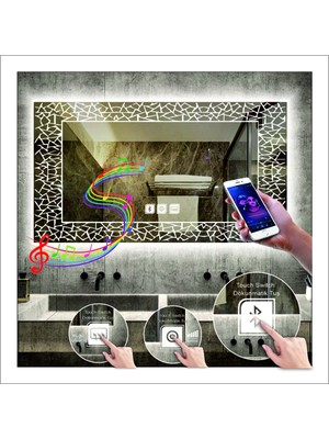 60X80 cm Beyaz Ledli Tasarım Kumlamalı Dokunmatik Bluetoothlu Buğu Önleyicili Makyaj Banyo Aynası
