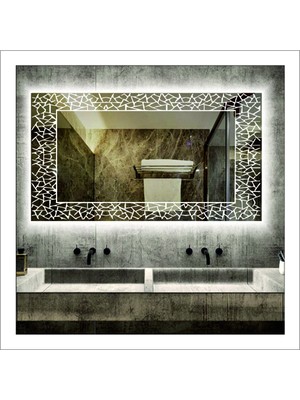 75X105 cm Beyaz Ledli Tasarım Kumlamalı Banyo Aynası Makyaj Aynası Işıklı Ayna
