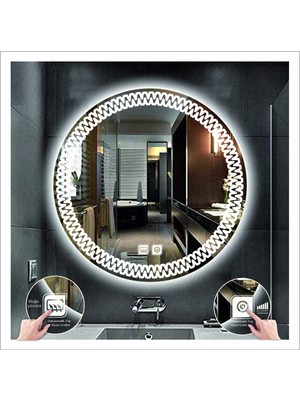 90 cm Beyaz Ledli Tasarım Kumlamalı Dokunmatik Tuşlu Buğu Önleyicili Banyo Aynası Makyaj Aynası