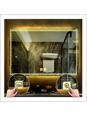 Global Led Mirror 65X90 cm Günışığı Ledli Tasarım Kumlamalı Dokunmatik Tuşlu Buğu Önleyicili Banyo Aynası