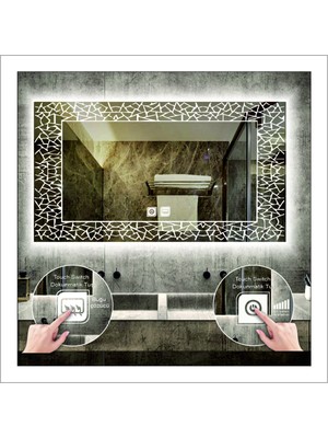 70X90 cm Beyaz Ledli Tasarım Kumlamalı Dokunmatik Tuşlu Buğu Önleyicili Banyo Aynası Makyaj Aynası