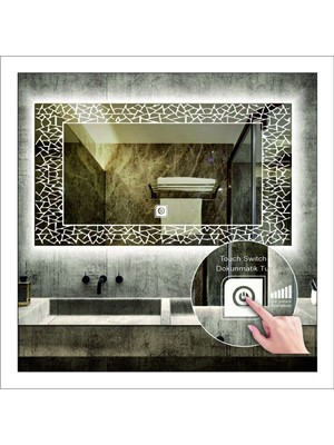 75X105 cm Beyaz Ledli Tasarım Kumlamalı Dokunmatik Tuşlu Banyo Aynası Makyaj Aynası Işıklı Ayna